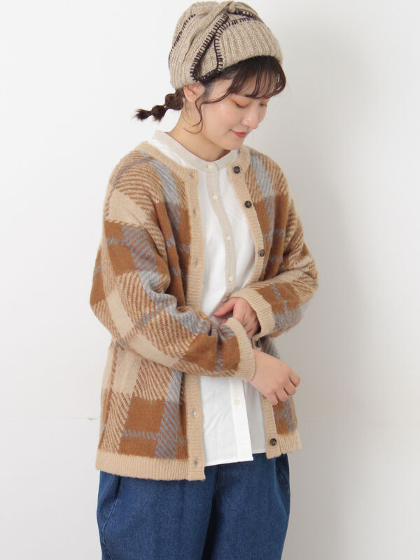 セール】 シャギーチェック柄カーディガン（オレンジ/イエロー