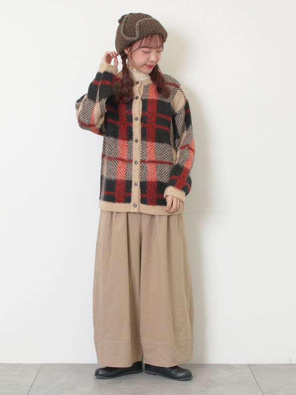 セール】 シャギーチェック柄カーディガン（オレンジ/イエロー