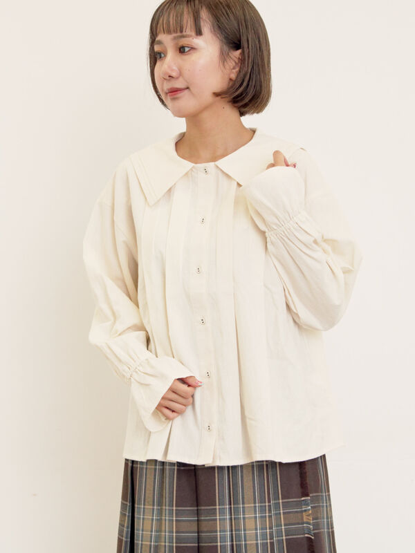 セール】 ビッグ襟ピンタックブラウス（ブラック/モカ/キナリ/トップス