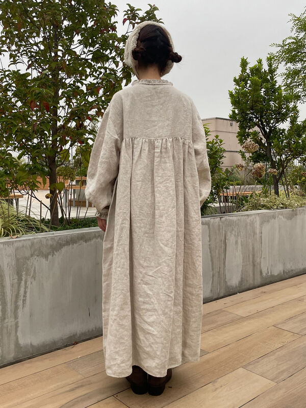 立川限定】リネンスタンドフリルワンピース（チャコールグレー