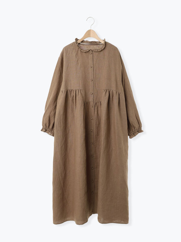 立川限定】リネンスタンドフリルワンピース（チャコールグレー