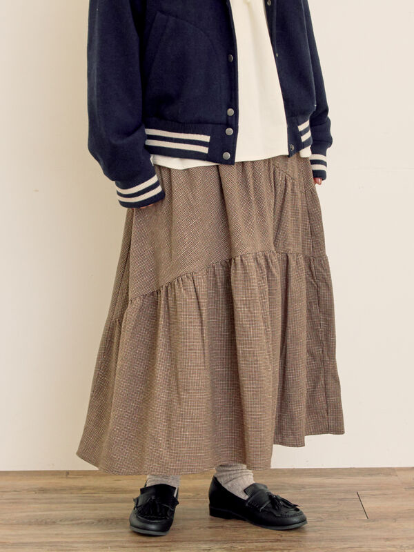 チェック柄変形ティアードスカート（ピンク/ブラウン/ネイビー