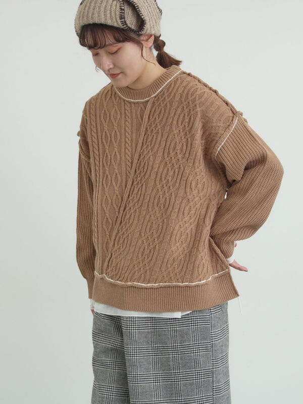 ケーブルパッチワークステッチプルオーバー（ベージュ）｜Samansa Mos2（サマンサ モスモス）通販
