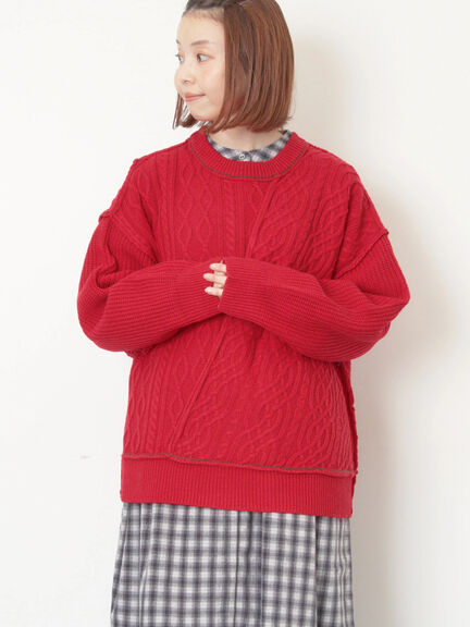 ケーブルパッチワークステッチプルオーバー（チャコールグレー/レッド/ベージュ/キナリ）｜Samansa Mos2（サマンサ モスモス）通販
