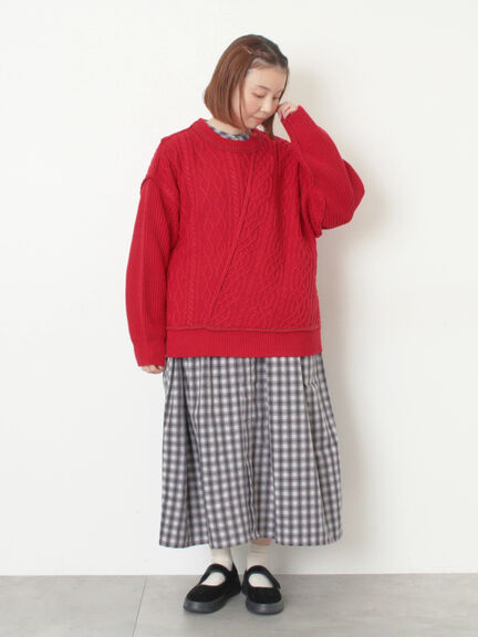 ケーブルパッチワークステッチプルオーバー（チャコールグレー/レッド/ベージュ/キナリ）｜Samansa Mos2（サマンサ モスモス）通販