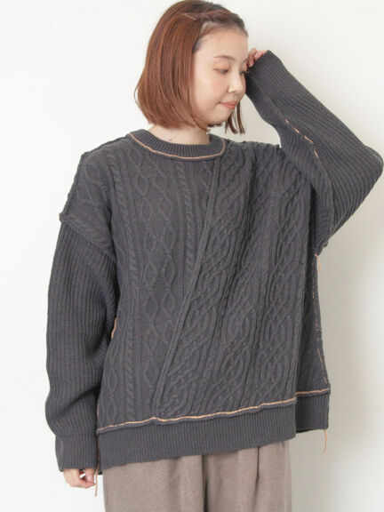 ケーブルパッチワークステッチプルオーバー（チャコールグレー/レッド/ベージュ/キナリ）｜Samansa Mos2（サマンサ モスモス）通販
