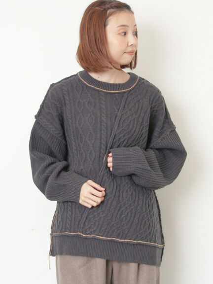 ケーブルパッチワークステッチプルオーバー（チャコールグレー/レッド/ベージュ/キナリ）｜Samansa Mos2（サマンサ モスモス）通販