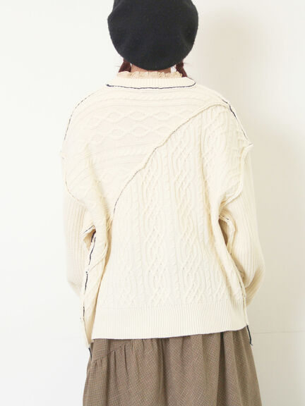 ケーブルパッチワークステッチプルオーバー（チャコールグレー/レッド/ベージュ/キナリ）｜Samansa Mos2（サマンサ モスモス）通販