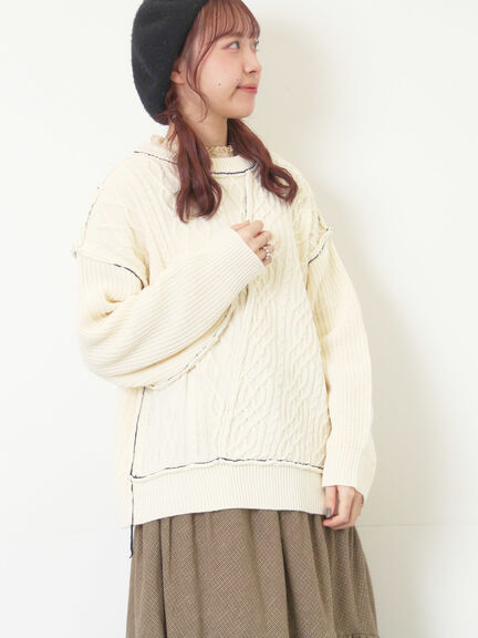 ケーブルパッチワークステッチプルオーバー（チャコールグレー/レッド/ベージュ/キナリ）｜Samansa Mos2（サマンサ モスモス）通販