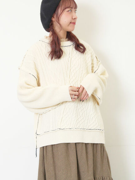 ケーブルパッチワークステッチプルオーバー（チャコールグレー/レッド/ベージュ/キナリ）｜Samansa Mos2（サマンサ モスモス）通販