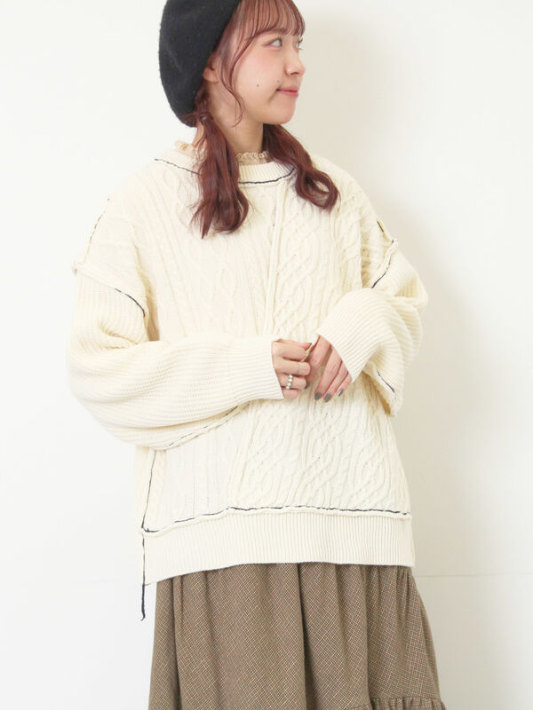 セール】 ケーブルパッチワークステッチプルオーバー