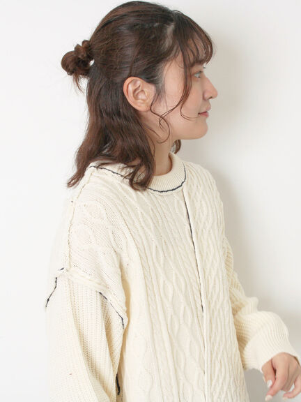 ケーブルパッチワークステッチプルオーバー（チャコールグレー/レッド/ベージュ/キナリ）｜Samansa Mos2（サマンサ モスモス）通販