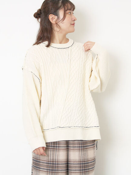 ケーブルパッチワークステッチプルオーバー（チャコールグレー/レッド/ベージュ/キナリ）｜Samansa Mos2（サマンサ モスモス）通販