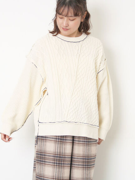 ケーブルパッチワークステッチプルオーバー（チャコールグレー/レッド/ベージュ/キナリ）｜Samansa Mos2（サマンサ モスモス）通販