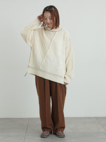 ケーブルパッチワークステッチプルオーバー（チャコールグレー/レッド/ベージュ/キナリ）｜Samansa Mos2（サマンサ モスモス）通販