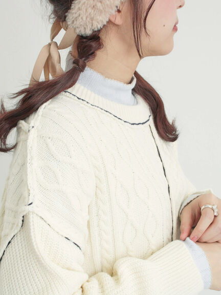 ケーブルパッチワークステッチプルオーバー（チャコールグレー/レッド/ベージュ/キナリ）｜Samansa Mos2（サマンサ モスモス）通販