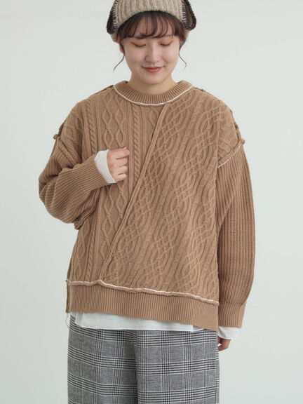 ケーブルパッチワークステッチプルオーバー（チャコールグレー/レッド/ベージュ/キナリ）｜Samansa Mos2（サマンサ モスモス）通販