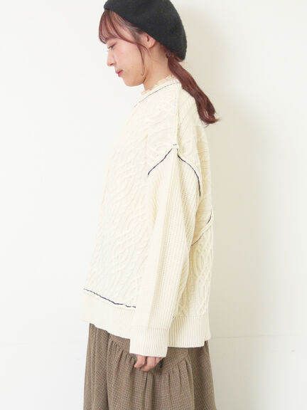 ケーブルパッチワークステッチプルオーバー（チャコールグレー/レッド/ベージュ/キナリ）｜Samansa Mos2（サマンサ モスモス）通販