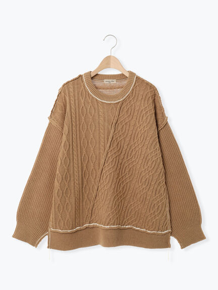 ケーブルパッチワークステッチプルオーバー（チャコールグレー/レッド/ベージュ/キナリ）｜Samansa Mos2（サマンサ モスモス）通販