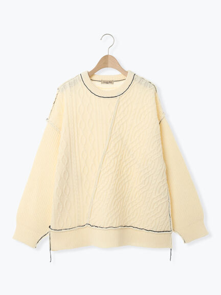 ケーブルパッチワークステッチプルオーバー（チャコールグレー/レッド/ベージュ/キナリ）｜Samansa Mos2（サマンサ モスモス）通販