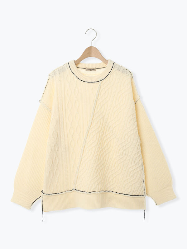 モッチー様 ケーブルパッチワークステッチプルオーバー（チャコールグレー/レッド