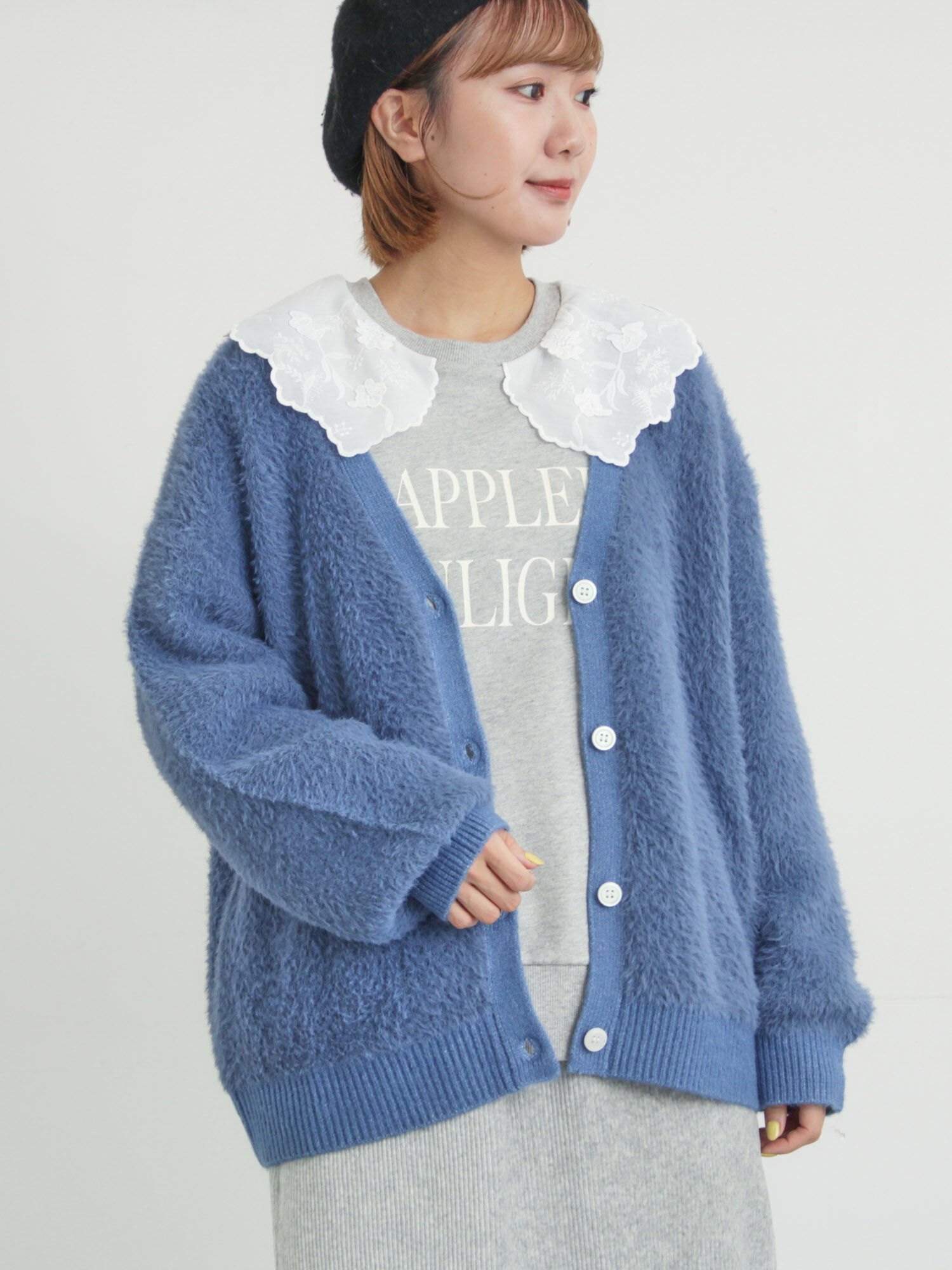 カーディガン 無地・花柄シャギーVネックカーディガン（オフホワイト/グレー/ダーク