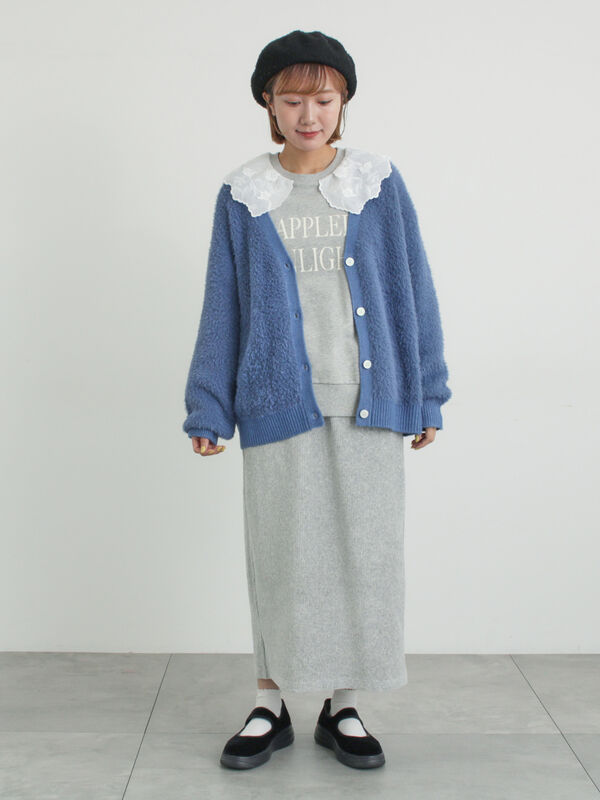 セール】 無地・花柄シャギーVネックカーディガン（オフホワイト