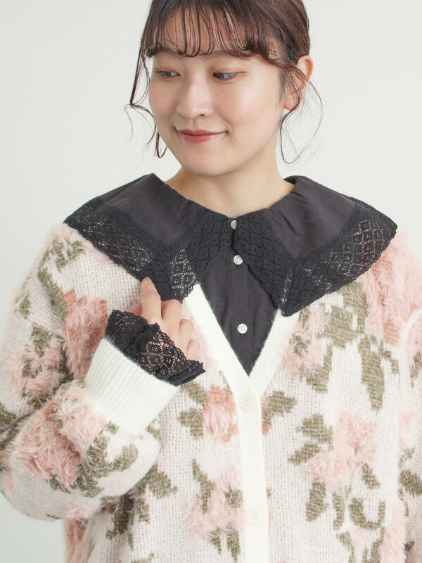 セール】 無地・花柄シャギーVネックカーディガン（オフホワイト