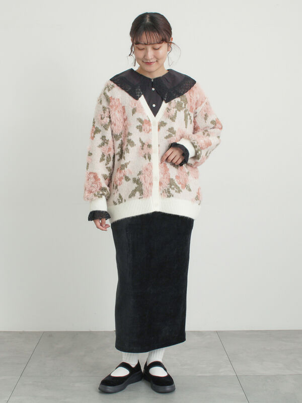 無地・花柄シャギーVネックカーディガン（オフホワイト/グレー/ダーク