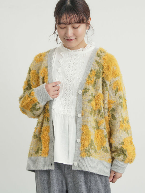 期間限定】 無地・花柄シャギーVネックカーディガン（オフホワイト