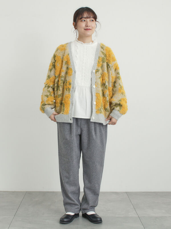 セール】 無地・花柄シャギーVネックカーディガン（オフホワイト