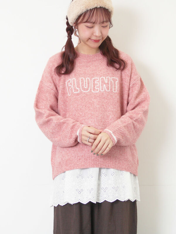 ロゴ刺繍プルオーバーニット（チャコールグレー/ピンク/ベージュ
