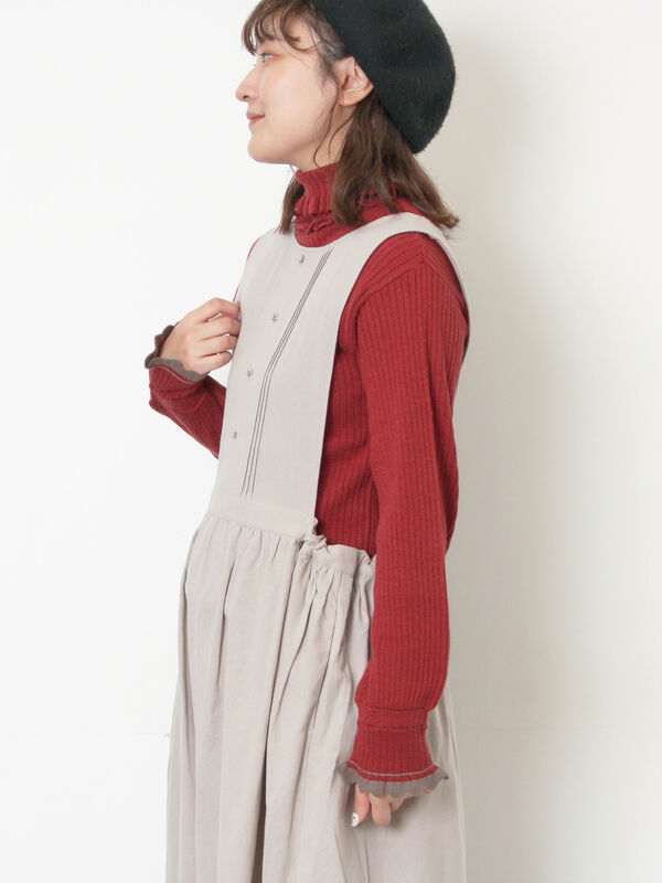 袖口配色スカラップタートルニット（チャコールグレー/レッド/ベージュ