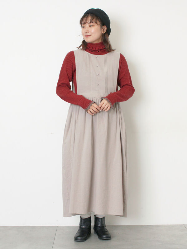 袖口配色スカラップタートルニット（チャコールグレー/レッド/ベージュ