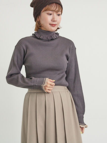 袖口配色スカラップタートルニット（チャコールグレー/レッド/ベージュ）｜Samansa Mos2（サマンサ モスモス）通販