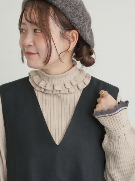 袖口配色スカラップタートルニット（チャコールグレー/レッド/ベージュ）｜Samansa Mos2（サマンサ モスモス）通販