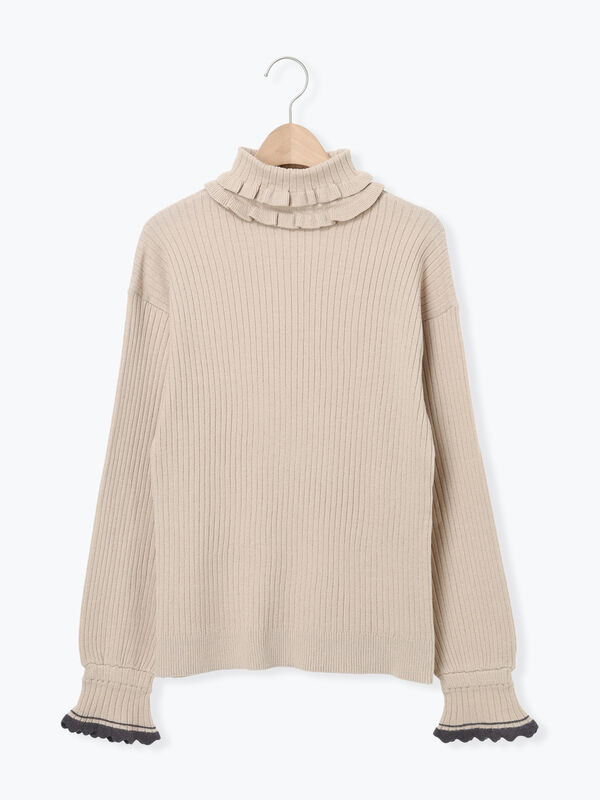 セール】 袖口配色スカラップタートルニット（チャコールグレー/レッド