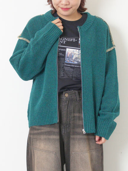 かがりステッチZIPニットカーディガン（チャコールグレー/ピンク/ベージュ/グリーン）｜Samansa Mos2（サマンサ モスモス）通販