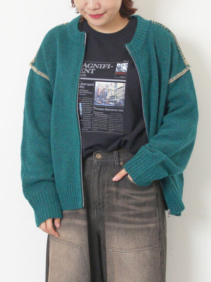 かがりステッチZIPニットカーディガン（チャコールグレー/ピンク/ベージュ/グリーン）｜Samansa Mos2（サマンサ モスモス）通販