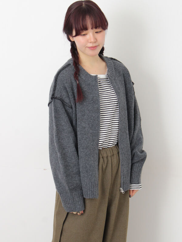 かがりステッチZIPニットカーディガン（チャコールグレー/ピンク