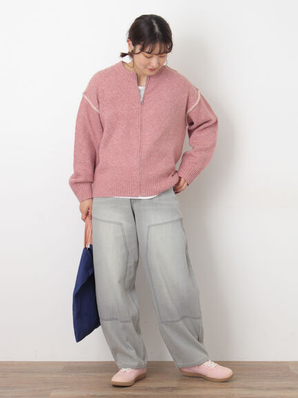 かがりステッチZIPニットカーディガン（チャコールグレー/ピンク/ベージュ/グリーン）｜Samansa Mos2（サマンサ モスモス）通販