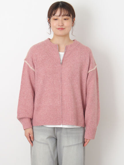 かがりステッチZIPニットカーディガン（チャコールグレー/ピンク/ベージュ/グリーン）｜Samansa Mos2（サマンサ モスモス）通販
