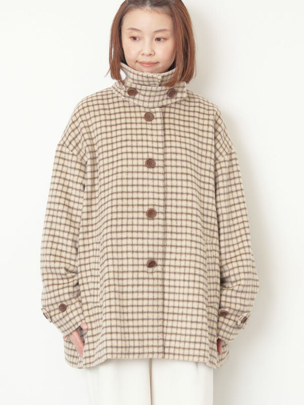 シャギーチェックコート（チャコールグレー/ベージュ/グリーン