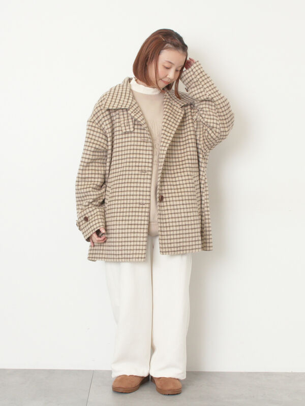 セール】 シャギーチェックコート（チャコールグレー/ベージュ
