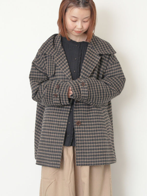 シャギーチェックコート（チャコールグレー/ベージュ/グリーン