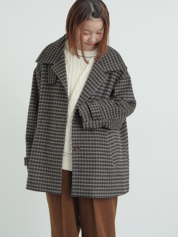 シャギーチェックコート（チャコールグレー/ベージュ/グリーン