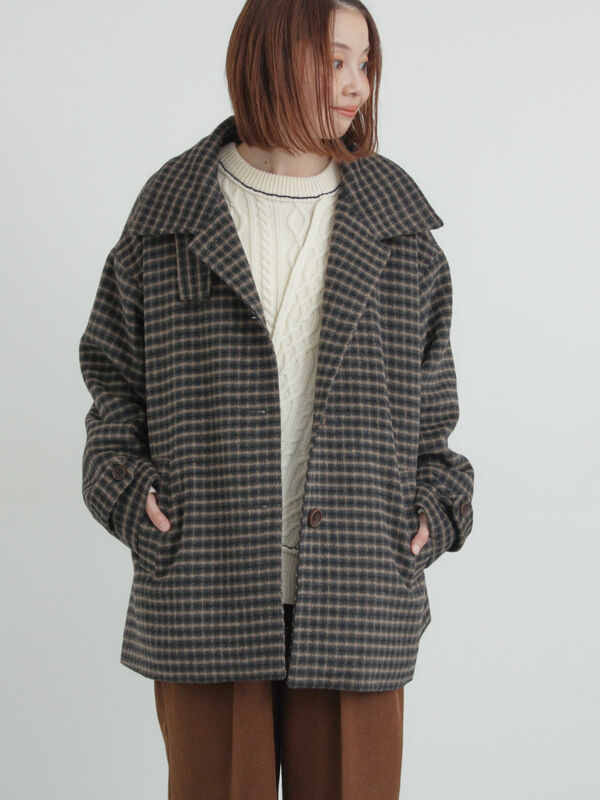 シャギーチェックコート（チャコールグレー/ベージュ/グリーン