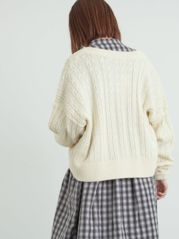 セール】 クロシェ風パッチワークニットカーディガン（ダークブラウン