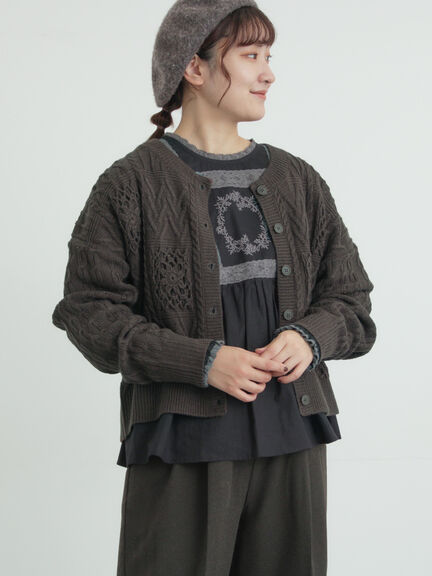 クロシェ風パッチワークニットカーディガン（ダークブラウン/イエロー/キナリ）｜Samansa Mos2（サマンサ モスモス）通販