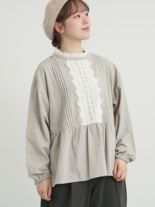 前立てレース切替ブラウス（オフホワイト/グレー/ブラック/ベージュ